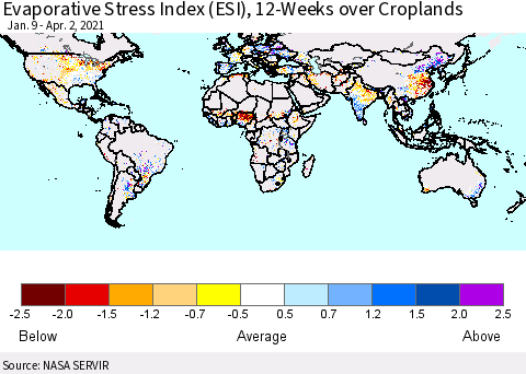 World Evaporative Stress Index (ESI), 12-Weeks over Croplands Thematic Map For 3/29/2021 - 4/4/2021