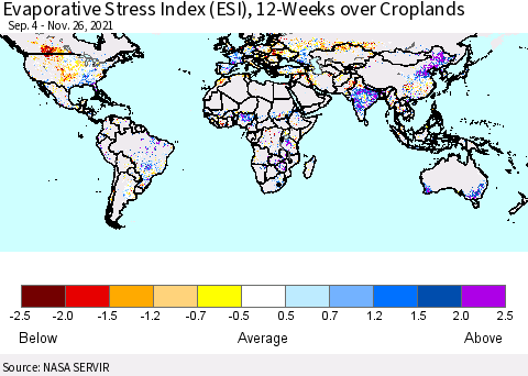 World Evaporative Stress Index (ESI), 12-Weeks over Croplands Thematic Map For 11/22/2021 - 11/28/2021