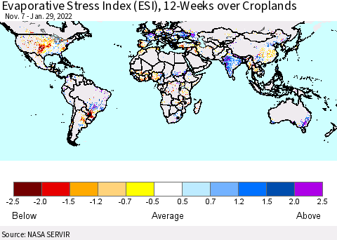 World Evaporative Stress Index (ESI), 12-Weeks over Croplands Thematic Map For 1/24/2022 - 1/30/2022