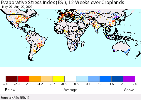 World Evaporative Stress Index (ESI), 12-Weeks over Croplands Thematic Map For 8/15/2022 - 8/21/2022