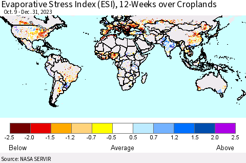 World Evaporative Stress Index (ESI), 12-Weeks over Croplands Thematic Map For 1/1/2024 - 1/7/2024