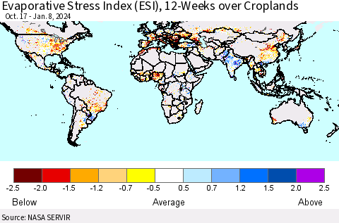 World Evaporative Stress Index (ESI), 12-Weeks over Croplands Thematic Map For 1/8/2024 - 1/14/2024