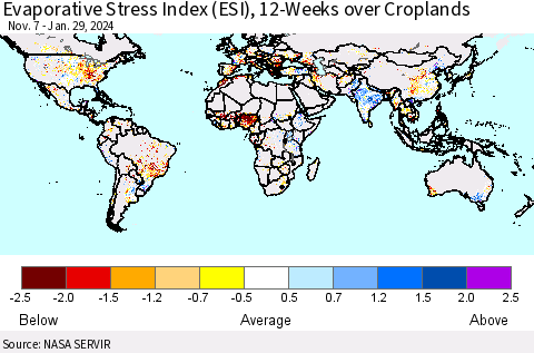 World Evaporative Stress Index (ESI), 12-Weeks over Croplands Thematic Map For 1/29/2024 - 2/4/2024