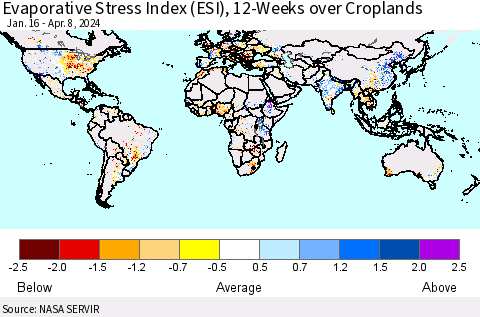 World Evaporative Stress Index (ESI), 12-Weeks over Croplands Thematic Map For 4/8/2024 - 4/14/2024