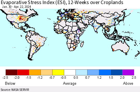 World Evaporative Stress Index (ESI), 12-Weeks over Croplands Thematic Map For 4/22/2024 - 4/28/2024