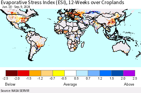 World Evaporative Stress Index (ESI), 12-Weeks over Croplands Thematic Map For 9/9/2024 - 9/15/2024