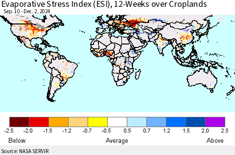 World Evaporative Stress Index (ESI), 12-Weeks over Croplands Thematic Map For 12/2/2024 - 12/8/2024
