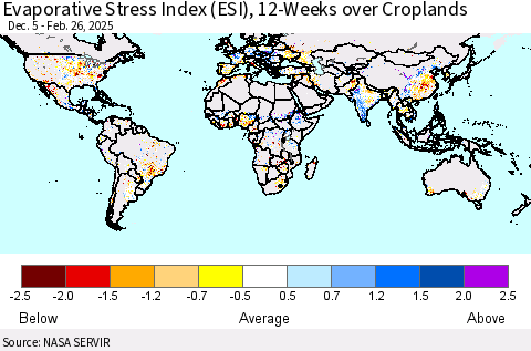 World Evaporative Stress Index (ESI), 12-Weeks over Croplands Thematic Map For 2/24/2025 - 3/2/2025