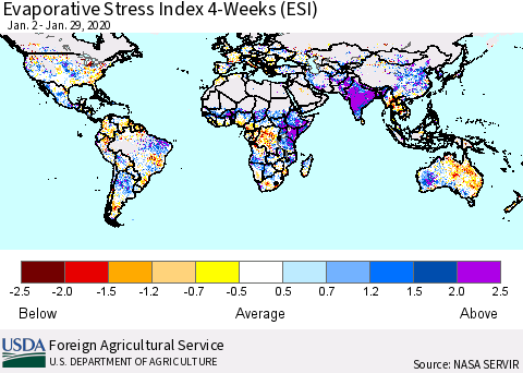 World Evaporative Stress Index (ESI), 4-Weeks Thematic Map For 1/27/2020 - 2/2/2020