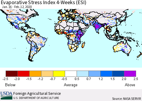 World Evaporative Stress Index (ESI), 4-Weeks Thematic Map For 2/10/2020 - 2/16/2020