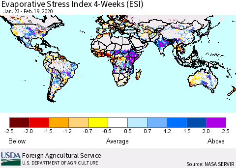 World Evaporative Stress Index (ESI), 4-Weeks Thematic Map For 2/17/2020 - 2/23/2020