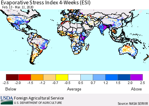 World Evaporative Stress Index (ESI), 4-Weeks Thematic Map For 3/9/2020 - 3/15/2020