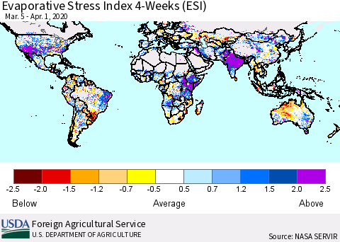 World Evaporative Stress Index (ESI), 4-Weeks Thematic Map For 3/30/2020 - 4/5/2020
