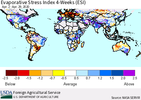 World Evaporative Stress Index (ESI), 4-Weeks Thematic Map For 4/27/2020 - 5/3/2020