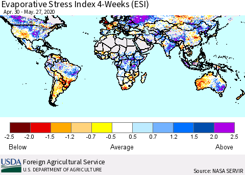 World Evaporative Stress Index (ESI), 4-Weeks Thematic Map For 5/25/2020 - 5/31/2020