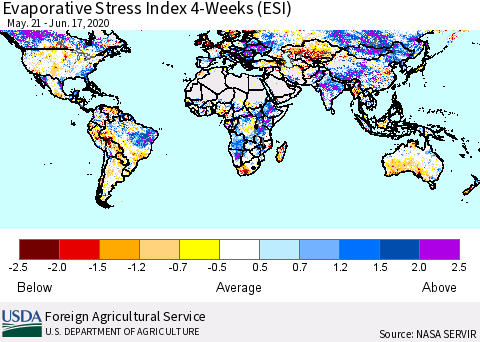 World Evaporative Stress Index (ESI), 4-Weeks Thematic Map For 6/15/2020 - 6/21/2020