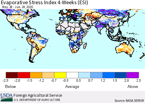 World Evaporative Stress Index (ESI), 4-Weeks Thematic Map For 6/22/2020 - 6/28/2020
