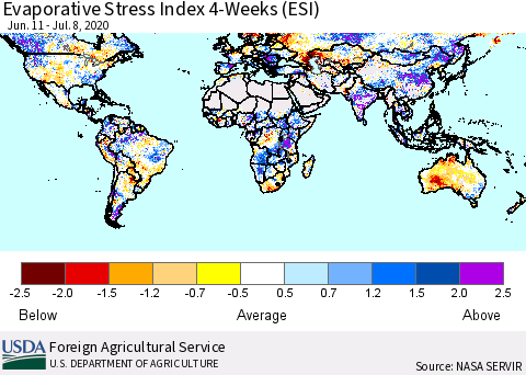 World Evaporative Stress Index (ESI), 4-Weeks Thematic Map For 7/6/2020 - 7/12/2020