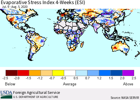 World Evaporative Stress Index (ESI), 4-Weeks Thematic Map For 8/3/2020 - 8/9/2020