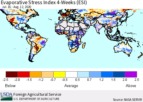World Evaporative Stress Index (ESI), 4-Weeks Thematic Map For 8/10/2020 - 8/16/2020