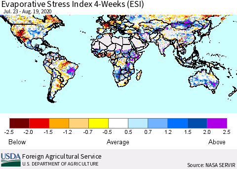 World Evaporative Stress Index (ESI), 4-Weeks Thematic Map For 8/17/2020 - 8/23/2020