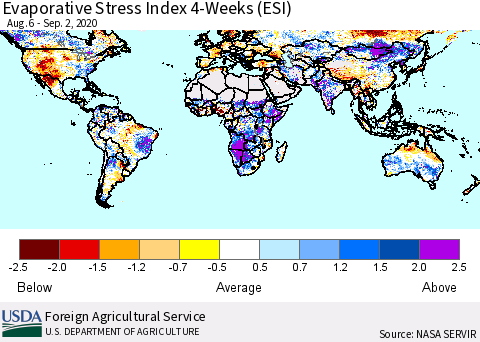 World Evaporative Stress Index (ESI), 4-Weeks Thematic Map For 8/31/2020 - 9/6/2020