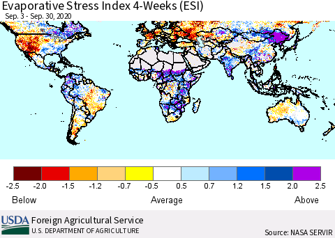 World Evaporative Stress Index (ESI), 4-Weeks Thematic Map For 9/28/2020 - 10/4/2020