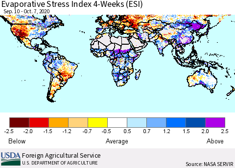 World Evaporative Stress Index (ESI), 4-Weeks Thematic Map For 10/5/2020 - 10/11/2020