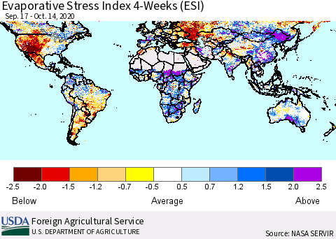 World Evaporative Stress Index (ESI), 4-Weeks Thematic Map For 10/12/2020 - 10/18/2020