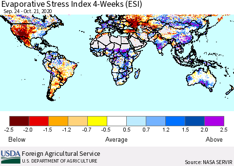 World Evaporative Stress Index (ESI), 4-Weeks Thematic Map For 10/19/2020 - 10/25/2020