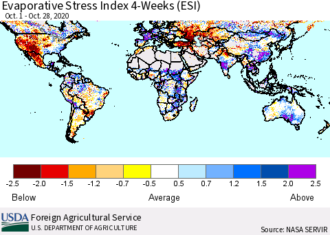 World Evaporative Stress Index (ESI), 4-Weeks Thematic Map For 10/26/2020 - 11/1/2020