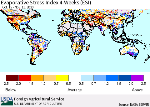 World Evaporative Stress Index (ESI), 4-Weeks Thematic Map For 11/9/2020 - 11/15/2020
