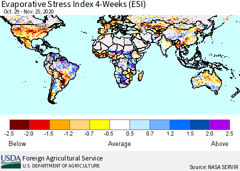 World Evaporative Stress Index (ESI), 4-Weeks Thematic Map For 11/23/2020 - 11/29/2020