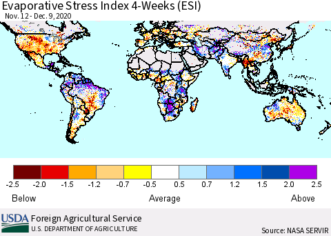 World Evaporative Stress Index (ESI), 4-Weeks Thematic Map For 12/7/2020 - 12/13/2020