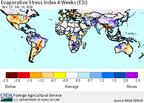 World Evaporative Stress Index (ESI), 4-Weeks Thematic Map For 12/14/2020 - 12/20/2020
