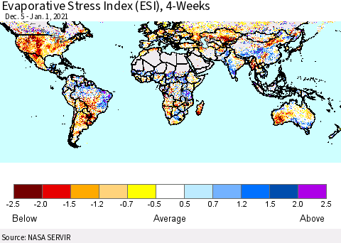 World Evaporative Stress Index (ESI), 4-Weeks Thematic Map For 12/28/2020 - 1/3/2021