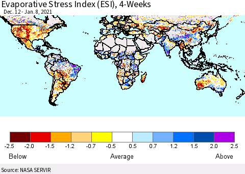World Evaporative Stress Index (ESI), 4-Weeks Thematic Map For 1/4/2021 - 1/10/2021