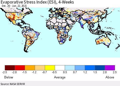 World Evaporative Stress Index (ESI), 4-Weeks Thematic Map For 1/18/2021 - 1/24/2021