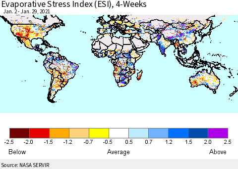 World Evaporative Stress Index (ESI), 4-Weeks Thematic Map For 1/25/2021 - 1/31/2021