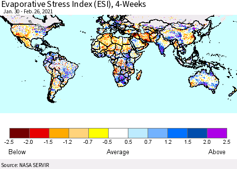 World Evaporative Stress Index (ESI), 4-Weeks Thematic Map For 2/22/2021 - 2/28/2021