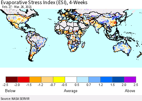 World Evaporative Stress Index (ESI), 4-Weeks Thematic Map For 3/22/2021 - 3/28/2021