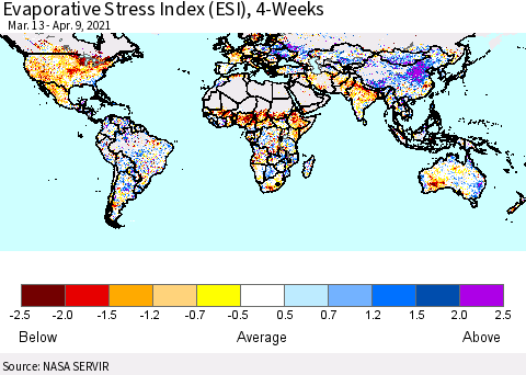 World Evaporative Stress Index (ESI), 4-Weeks Thematic Map For 4/5/2021 - 4/11/2021