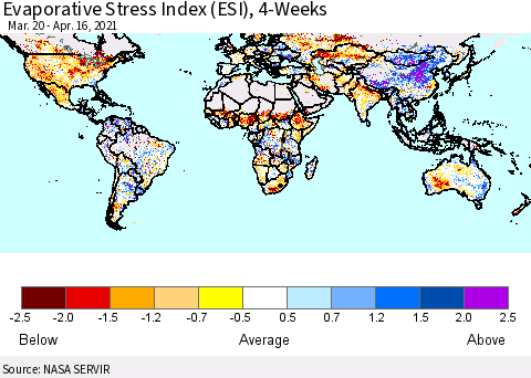 World Evaporative Stress Index (ESI), 4-Weeks Thematic Map For 4/12/2021 - 4/18/2021