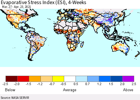 World Evaporative Stress Index (ESI), 4-Weeks Thematic Map For 4/19/2021 - 4/25/2021