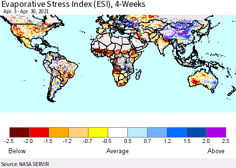 World Evaporative Stress Index (ESI), 4-Weeks Thematic Map For 4/26/2021 - 5/2/2021