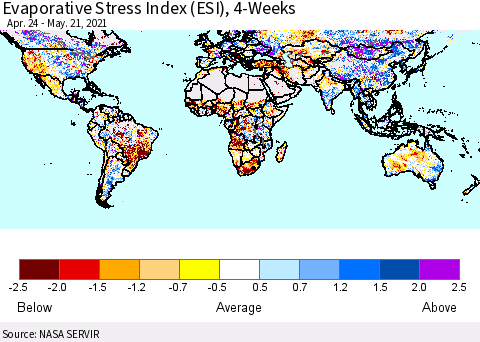 World Evaporative Stress Index (ESI), 4-Weeks Thematic Map For 5/17/2021 - 5/23/2021