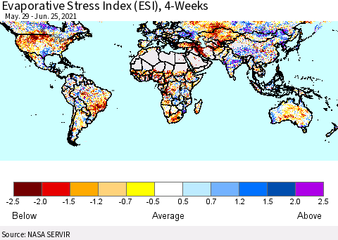 World Evaporative Stress Index (ESI), 4-Weeks Thematic Map For 6/21/2021 - 6/27/2021