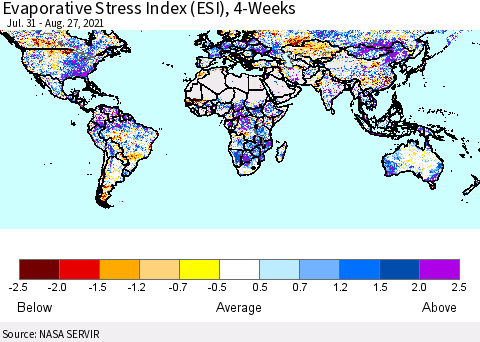 World Evaporative Stress Index (ESI), 4-Weeks Thematic Map For 8/23/2021 - 8/29/2021
