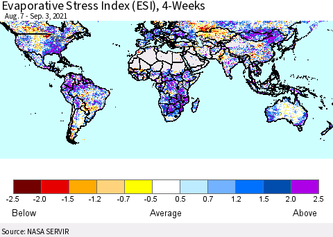World Evaporative Stress Index (ESI), 4-Weeks Thematic Map For 8/30/2021 - 9/5/2021