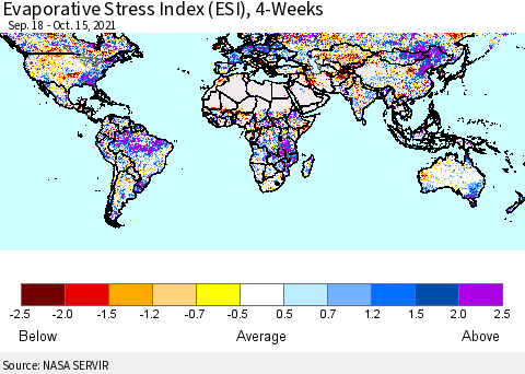 World Evaporative Stress Index (ESI), 4-Weeks Thematic Map For 10/11/2021 - 10/17/2021